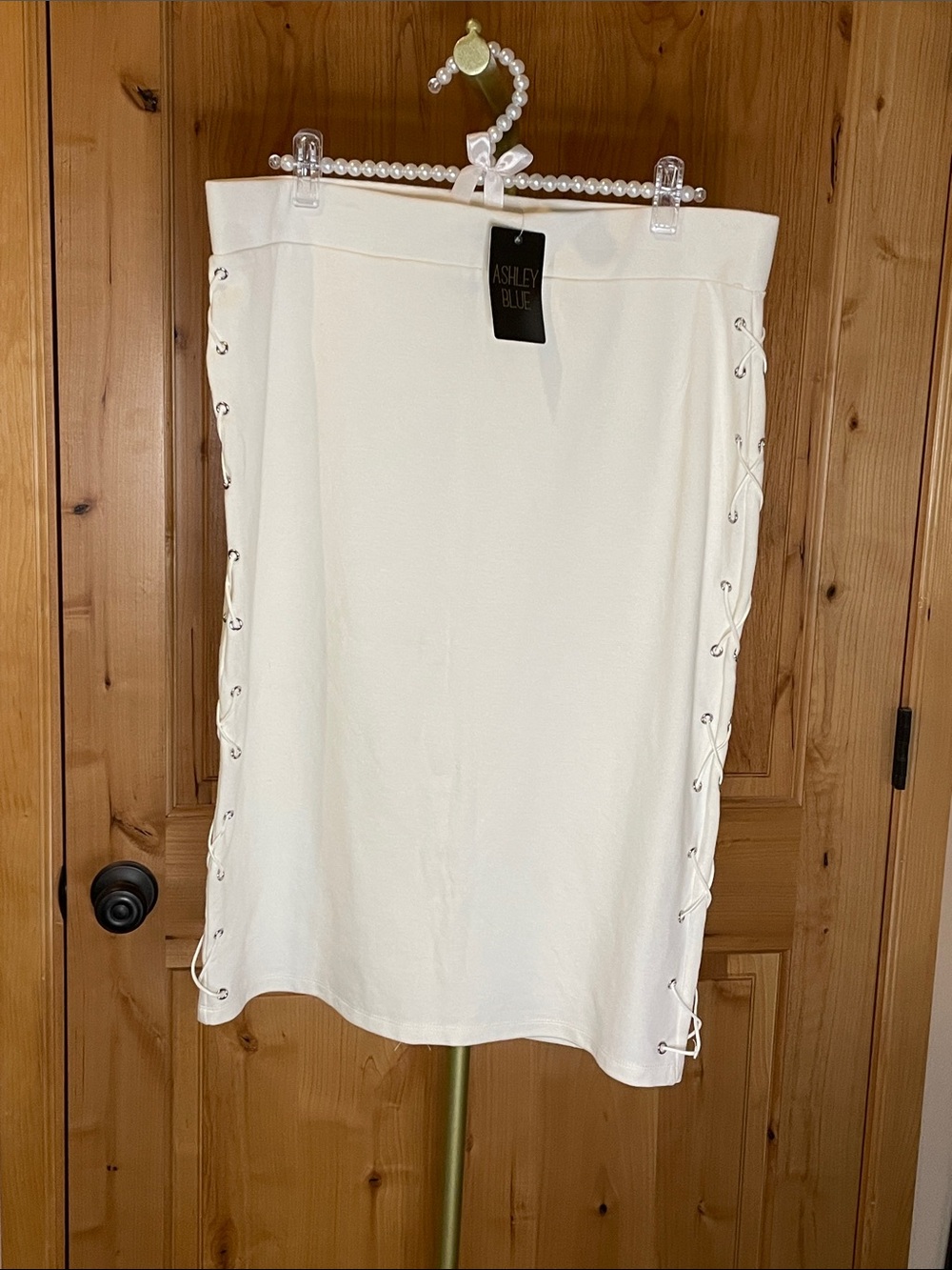 Ashley Blue Ivory Lace-Up Side Pencil Skirt Size L